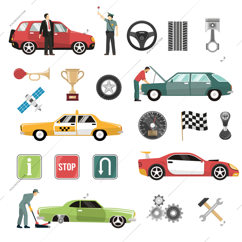 Auto service symbols taxi racing cars competitions attributes and road signs flat icons collection isolated vector illustration