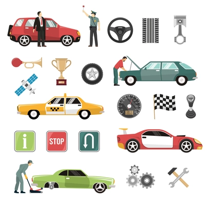 Auto service symbols taxi racing cars competitions attributes and road signs flat icons collection isolated vector illustration