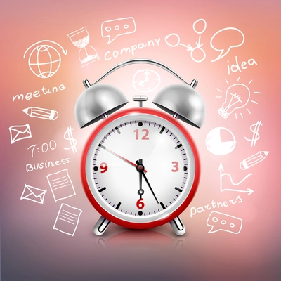 Realistic clock business strategy composition with painted with chalk red wall behind the alarm clock vector illustration