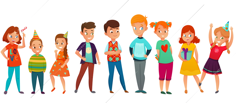 Colored cartoon kids party retro composition with combined icon set on which children of different ages vector illustration