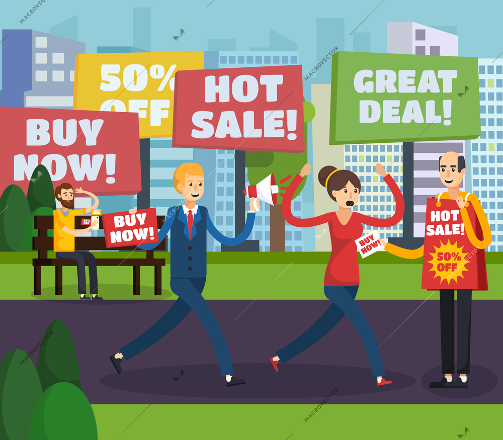 Colored flat annoying intrusive advertisement orthogonal composition advertiser pursues a potential buyer vector illustration