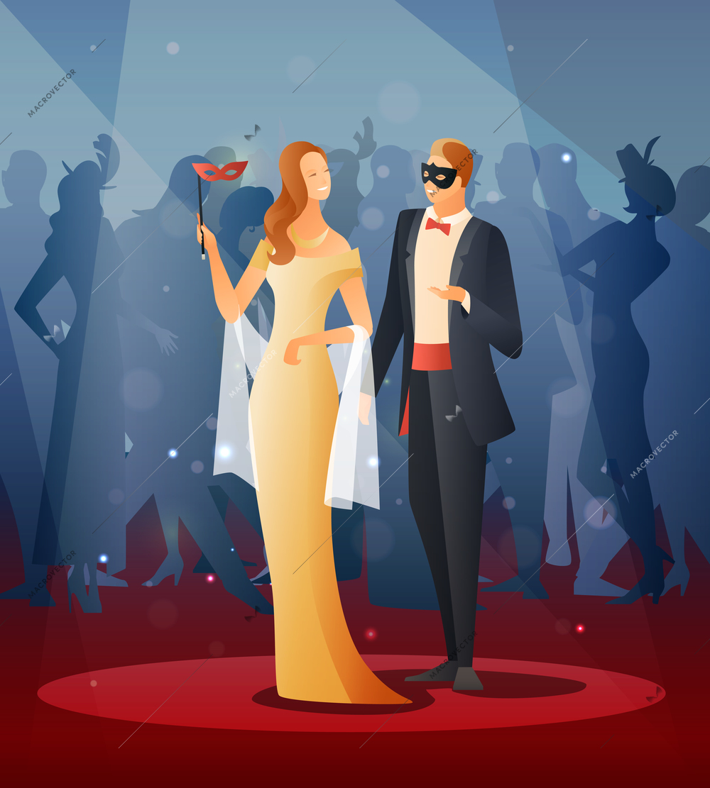 Masquerade party with people wearing masks flat gradient vector illustration