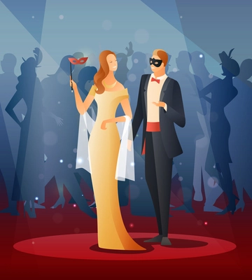 Masquerade party with people wearing masks flat gradient vector illustration