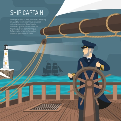 Sailing ship captain at wheel steering at night with beacon light on background flat retro poster vector illustration