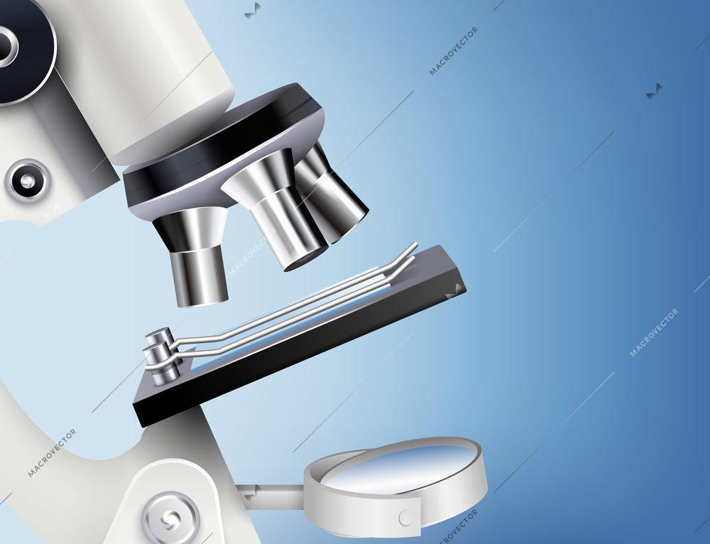 Research colored background with lenses from white realistic microscope on blue background vector illustration