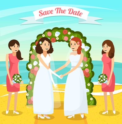 Colored and flat wedding people orthogonal composition with two women get married vector illustration