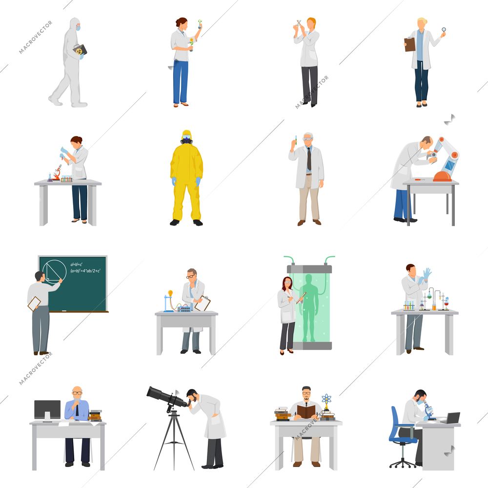 Scientist icons set with experiment symbols flat isolated vector illustration