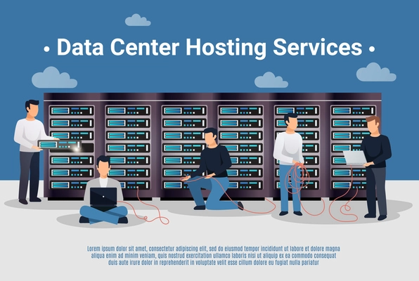 Group of data center hosting service network engineers flat vector illustration