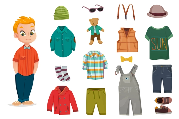 Flat baby boy fashion icon set with little child and his clothes for different seasons vector illustration