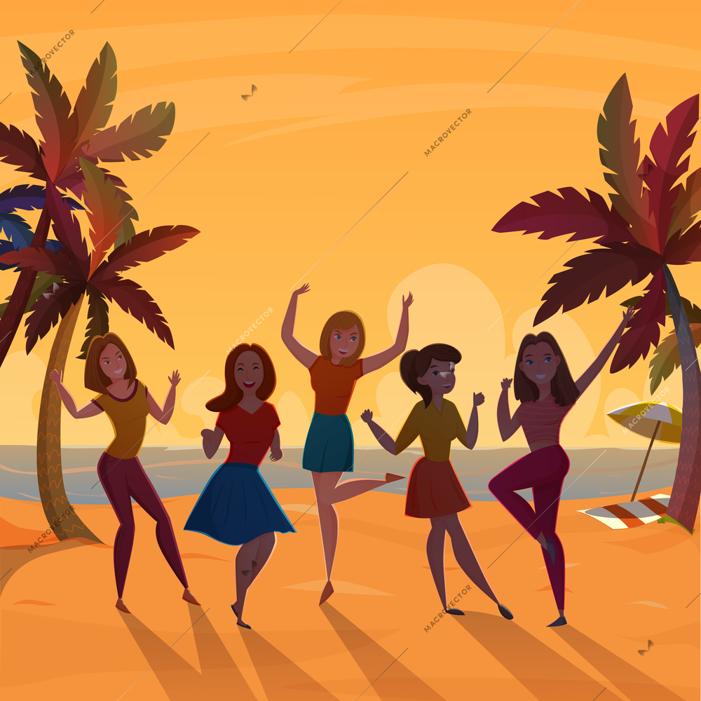 Young girls dancing on beach at sunset retro style  yellow background poster with beautiful palms vector illustration