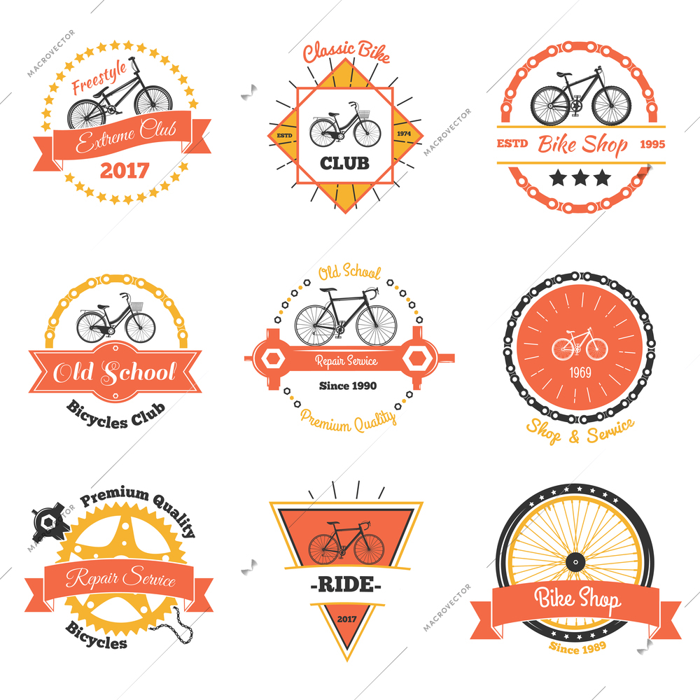 Bicycle vintage emblems color collection of nine isolated decorative oldschool labels with crawler wheel and chain vector illustration