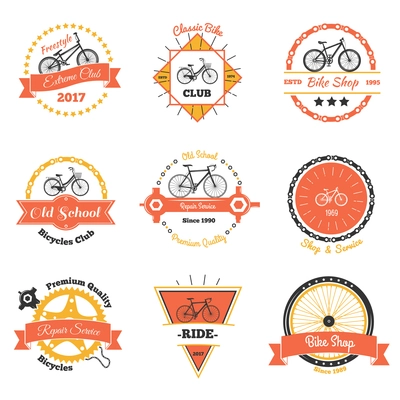 Bicycle vintage emblems color collection of nine isolated decorative oldschool labels with crawler wheel and chain vector illustration