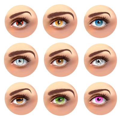 Colorful eyes with different pupils including cross, heart, line set of round icons isolated vector illustration