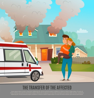 Colored emergency first aid people poster with the transfer of the affected headline vector illustration