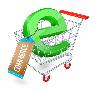 Supermarket cart 3d with e-commerce symbol and cardboard tag internet shopping concept vector illustration