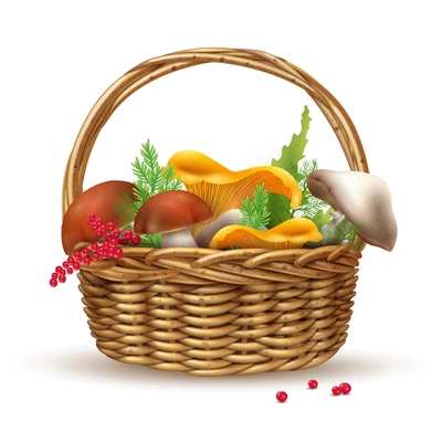 Basket with mushrooms composition with realistic image of wicker basket filled with ripe shrooms and greengrocery vector illustration