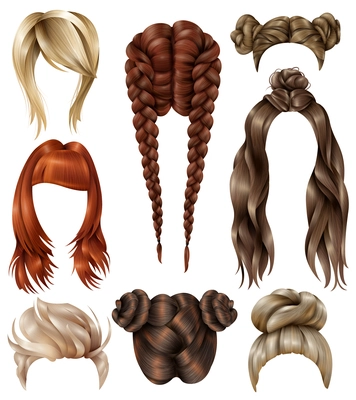 Set of realistic female hairstyles with haircuts, youth coiffures, long flowing hair, french braids isolated vector illustration