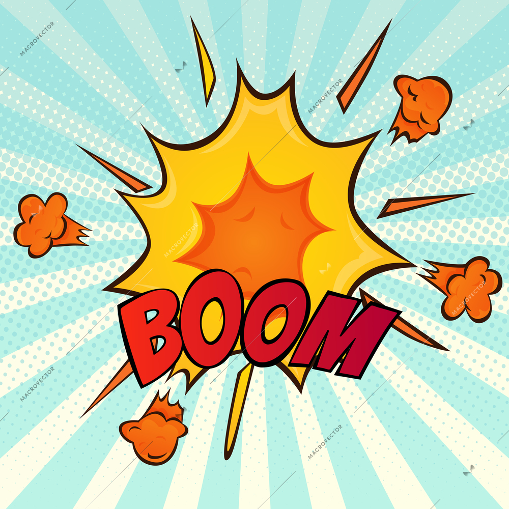 Classic retro comic book cartoon boom explosion  bright yellow orange symbol image blue background icon vector illustration