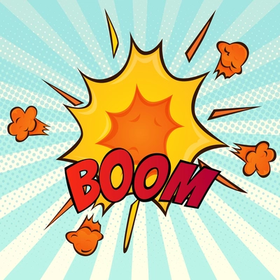 Classic retro comic book cartoon boom explosion  bright yellow orange symbol image blue background icon vector illustration