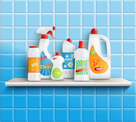 Composition of realistic detergent bottles on shelf with bathroom toilet and mirror cleaners with wall tiles vector illustration