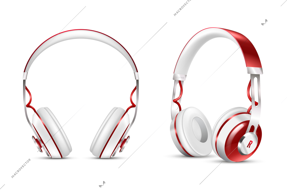 Two white and isolated realistic wireless headphones set for site design or presentation vector illustration