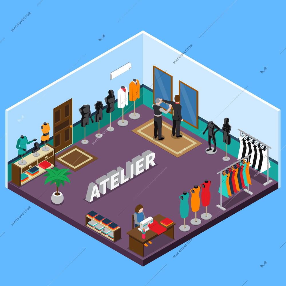 Atelier isometric design with naked and dressed mannequins tailors client interior elements on blue background vector illustration