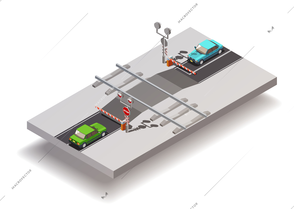 Road elements isometric composition with railway grade crossing with automatic gates put down and two cars vector illustration