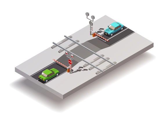 Road elements isometric composition with railway grade crossing with automatic gates put down and two cars vector illustration