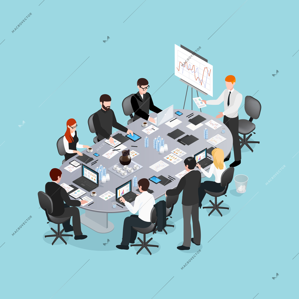 Office conference isometric design with speaker near board and participants behind table on blue background vector illustration