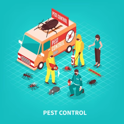 Pest control service workers in uniform getting rid of different pests on blue background isometric vector illustration