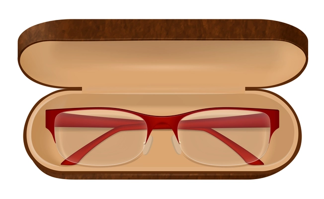 Classic eyeglasses with red frame in brown case on white background realistic vector illustration