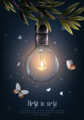 Realistic colored vintage glowing light bulbs poster with flight on night headline vector illustration