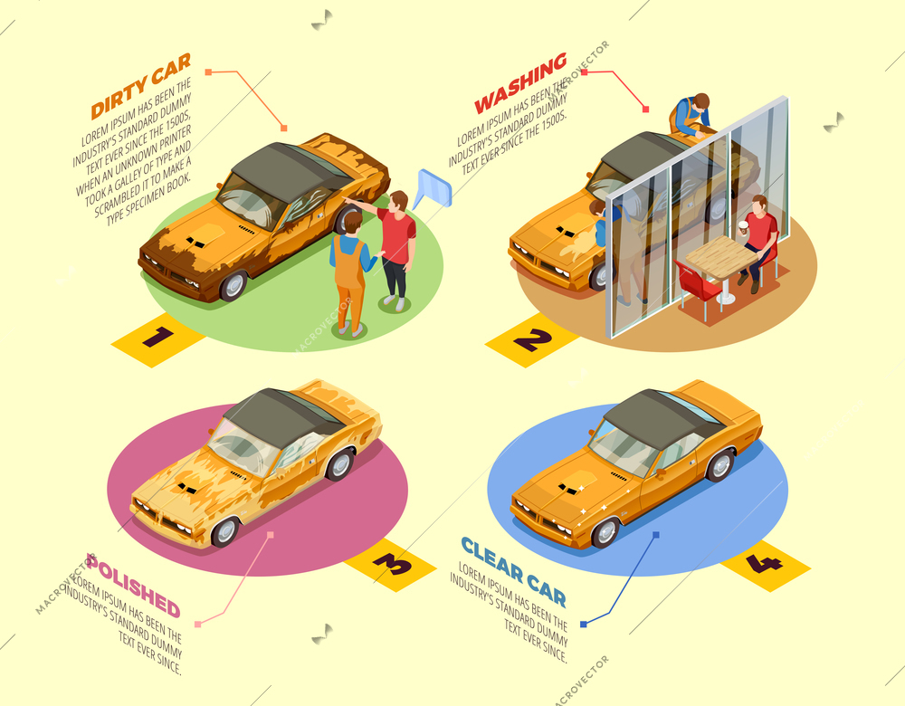 Car wash service 4 isometric infographic icons poster with auto cosmetics cleaning and polishing products vector illustration