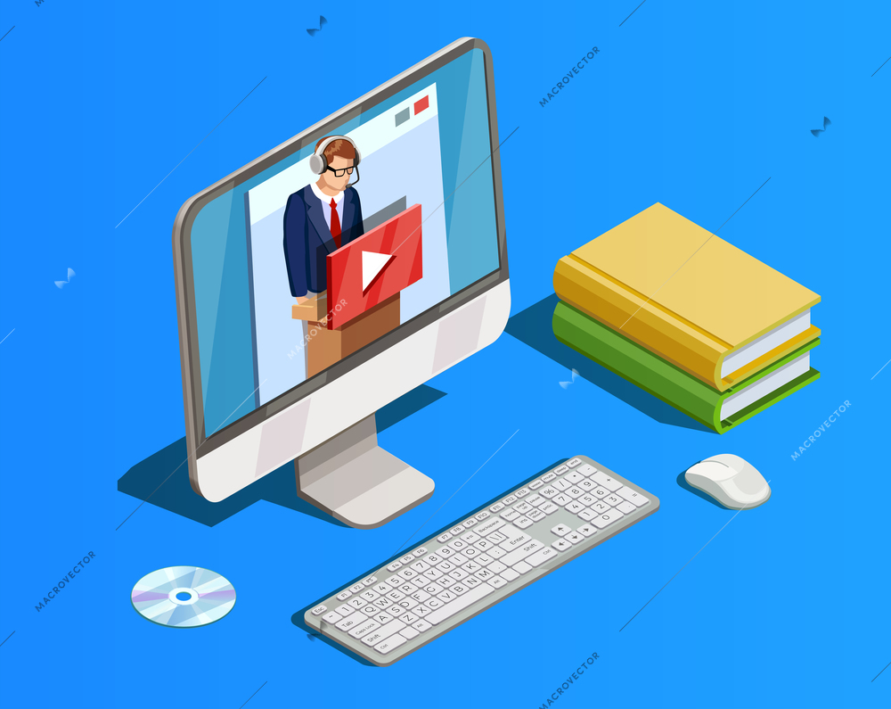 Online education icon isometric composition with books and desktop computer with video tutorial teacher in headset vector illustration