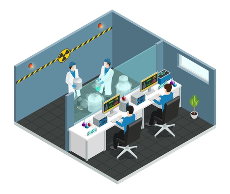 Scientific laboratory isometric concept with  assistants working in medical chemical or biological lab interior vector illustration