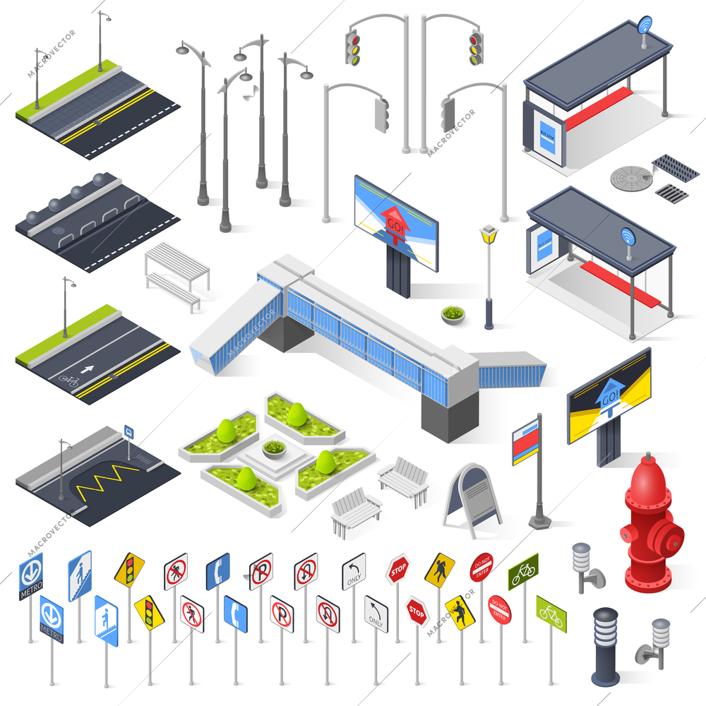 Set of city street isometric elements for construction of urban landscapes with lights bench road sections with markings traffic signposts isolated vector illustration