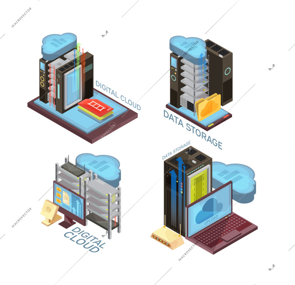 Data cloud service isometric concept with hosting server, information transfer, computer and mobile devices isolated vector illustration