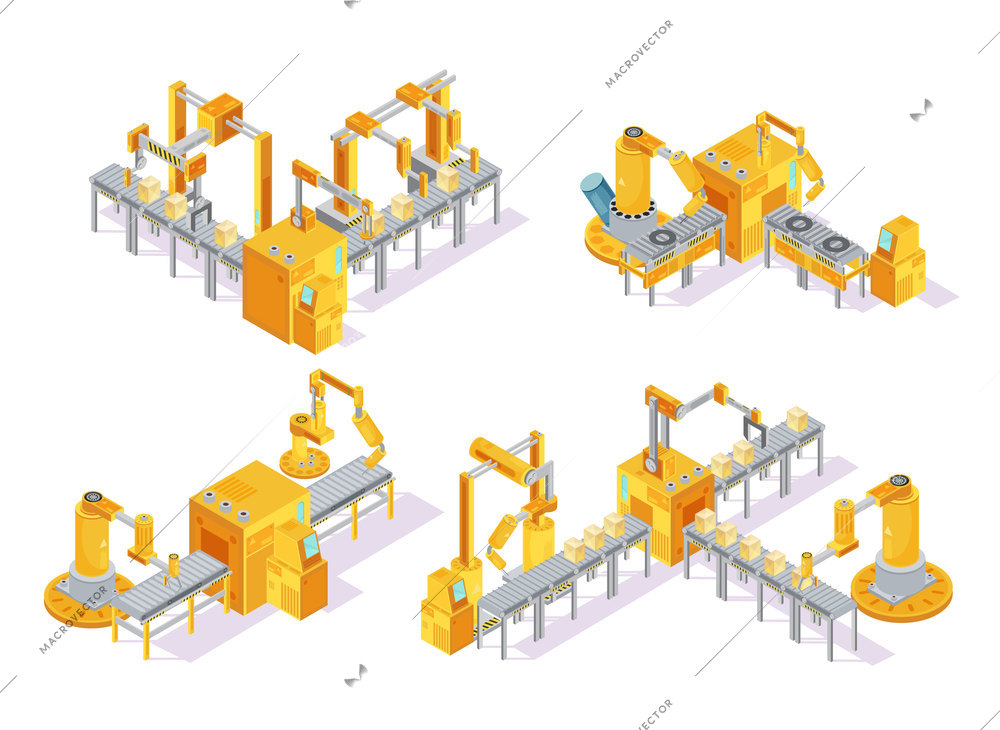 Conveyor system with computer control isometric design concept including production line and packaging isolated vector illustration