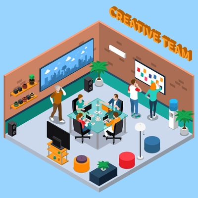 Team of creatives in office space with board, table for computer work, interior objects isometric vector illustration