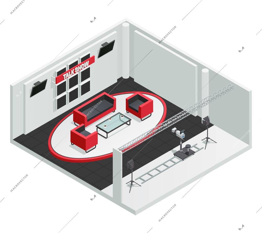 Video tv talk show studio isometric interior composition with furniture camera on rails and lighting kit vector illustration