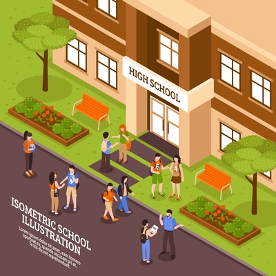 High school building outdoor area in summer isometric view poster with entrance door and students vector illustration