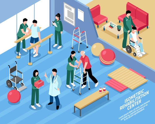 Rehabilitation center exercise therapy treatment isometric poster with physiotherapists and staff nurses attending patients vector illustration