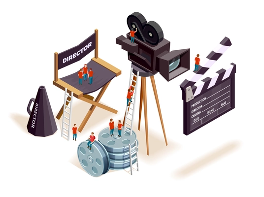 Isometric cinema composition with the little people climbing on motion picture filming equipment and directors seat vector illustration