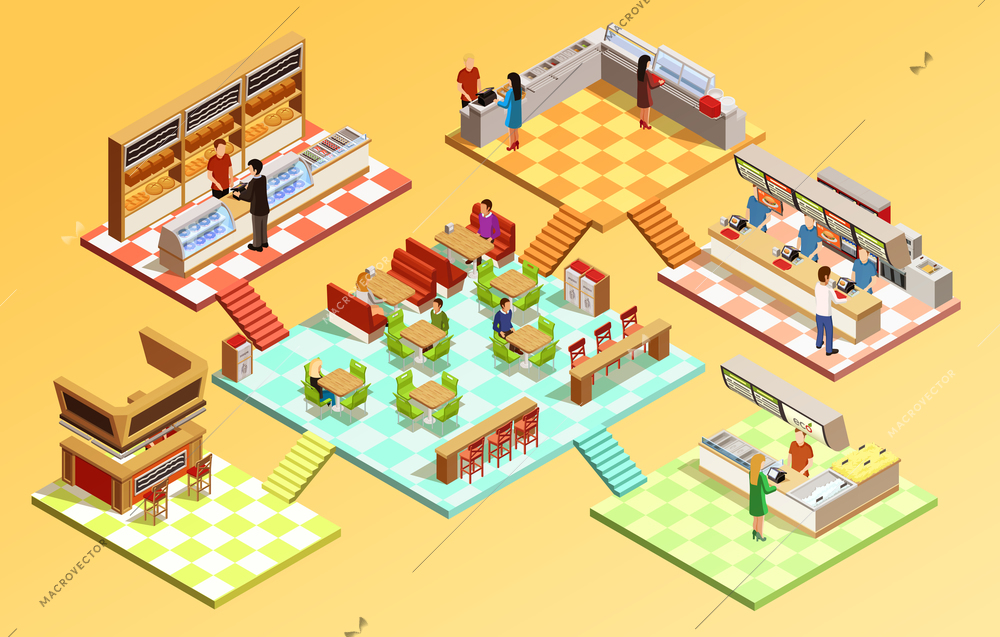 Food court composition with fast food restaurant isometric room interiors tables seats and counters vector illustration