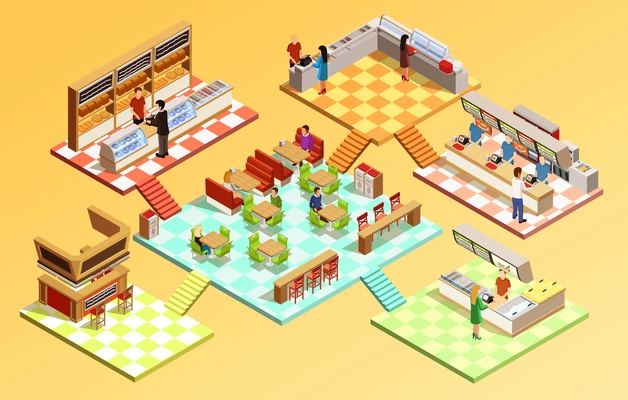 Food court composition with fast food restaurant isometric room interiors tables seats and counters vector illustration