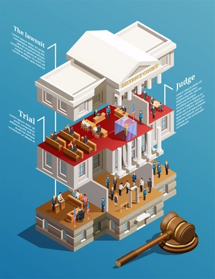 Law infographic isometric composition with sectional view of court building with text captions for each floor vector illustration