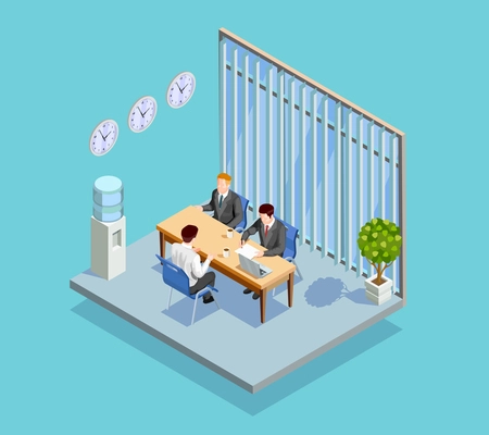 Recruitment isometric people composition with office room interior applicant and two human resource managers at table vector illustration
