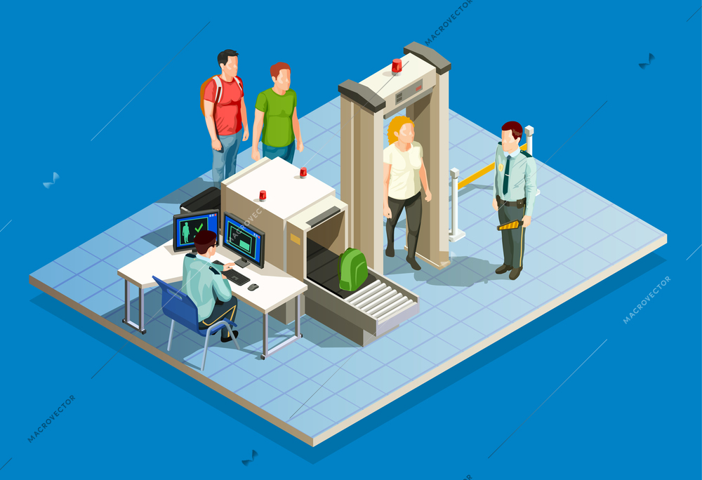 Check in airport people isometric composition with customs officers during passengers inspection and verification of cabin baggage vector illustration