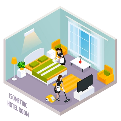 Colored isometric hotel room interior with walls and also there is a cleaning of the room vector illustration