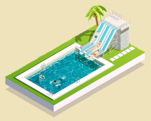 Water park friends isometric composition of outdoor aquapark waterslide running into swimming bath inflated with water vector illustration